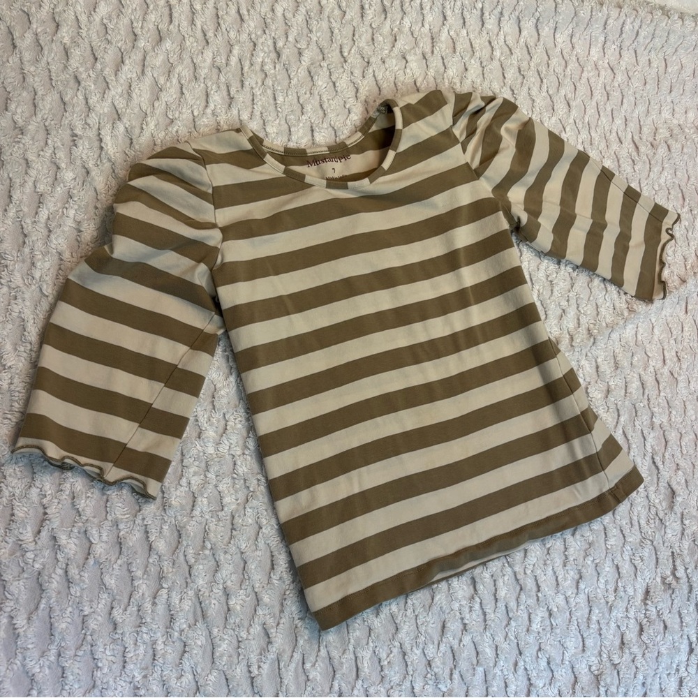 Mustard Pie Size 7 Striped Kids Shirt in Olive and Cream